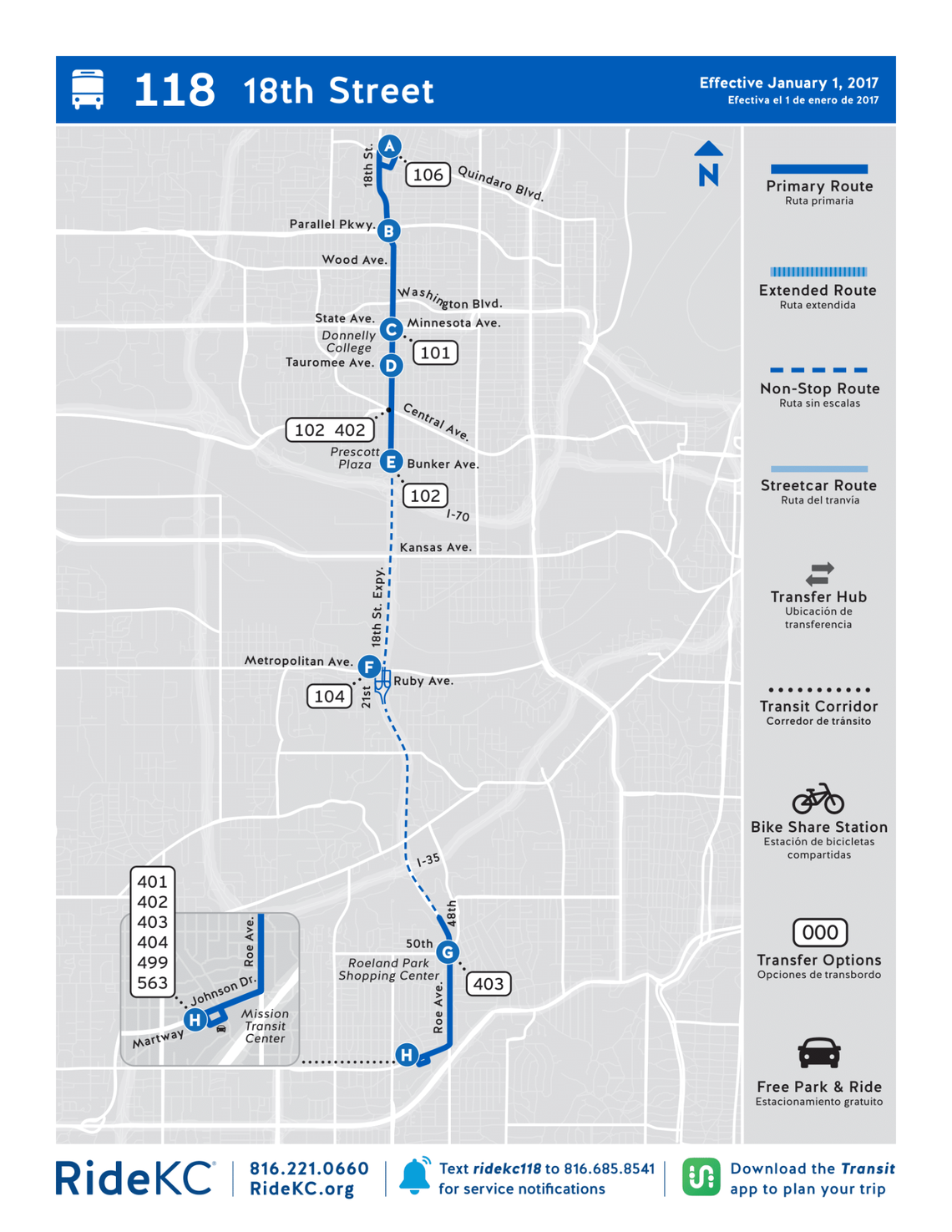 A route map for the 118 bus that covers 18th Street from Quindaro Boulevard in Kansas City, Kansas, to Johnson County’s Mission Transit Center.