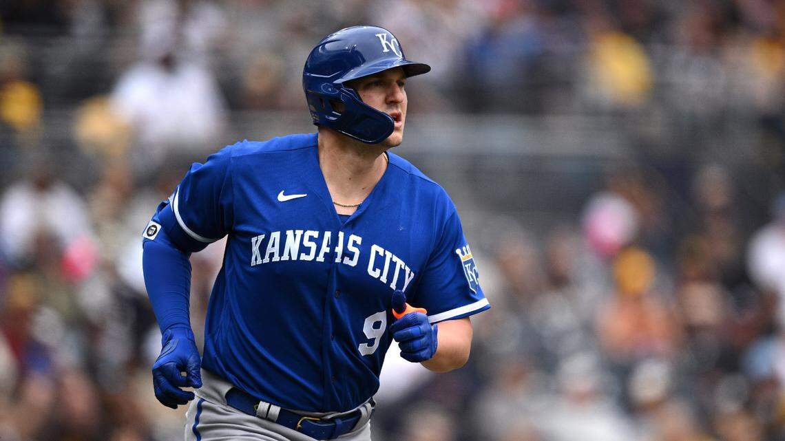 Kansas City Royals designated hitter Vinnie Pasquantino (9) watches his two-run home run during the sixth inning against the San Diego Padres at Petco Park on May 17, 2023.