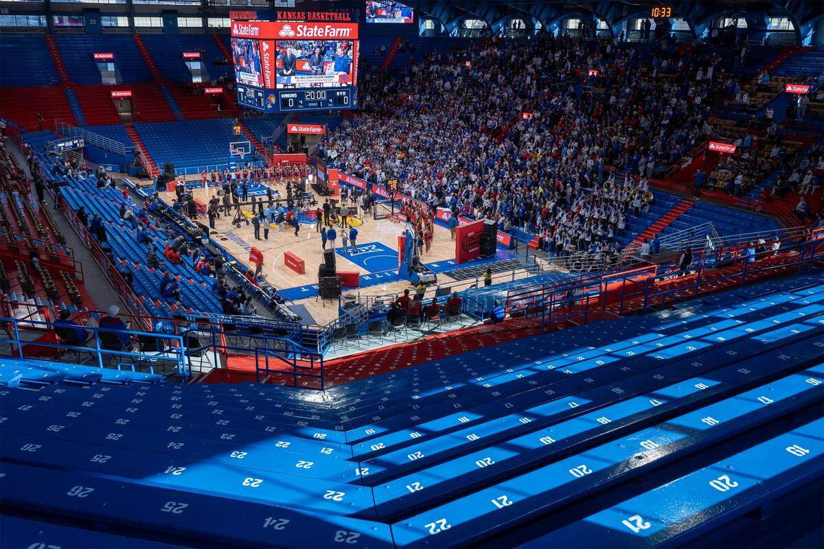 Streaks of sunlight streamed through the windows during ESPN College Gameday at Allen Fieldhouse on Saturday, Jan. 31, 2026, in Lawrence.