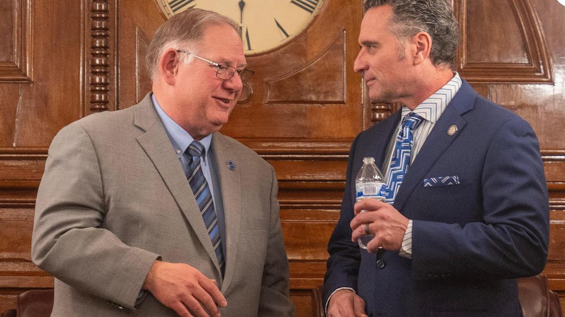 Kansas House Speaker Daniel Hawkins, left, and Senate President Ty Masterson speak before the State of the State address at the Kansas State Capital on Wednesday, Jan. 10, 2024, in Topeka, Kansas.