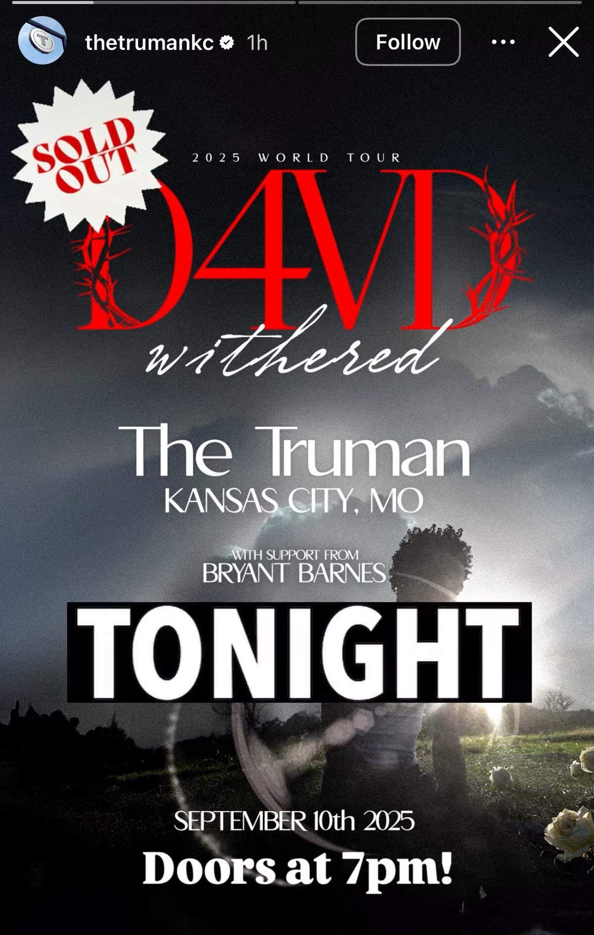 Kansas City concert venue The Truman posted an Instagram story advertising a concert with D4vd on Wednesday morning. A body was found in a car registered to the singer on Tuesday. Screenshot