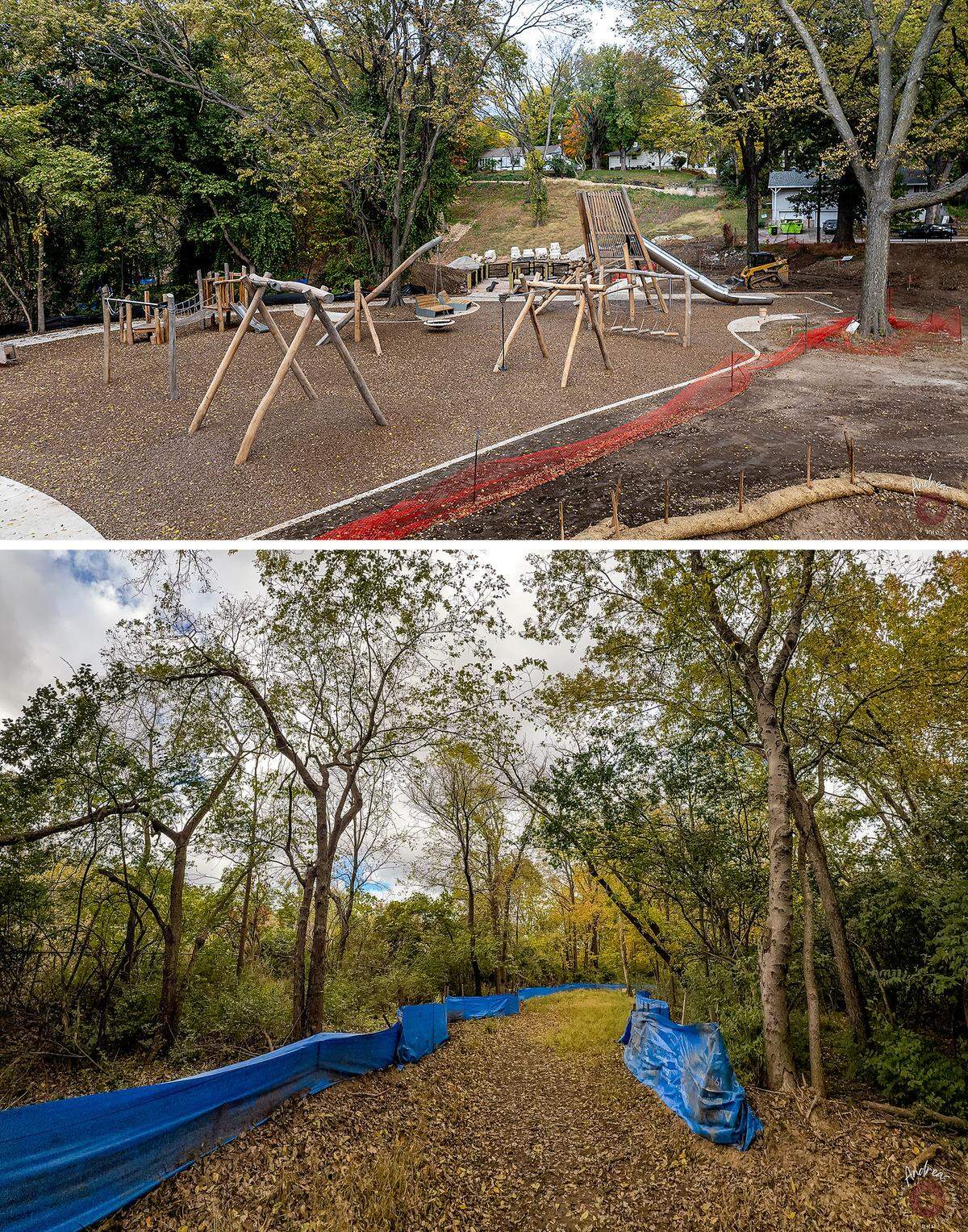 The River Forest Park playground (top) and nature trail under construction (bottom).