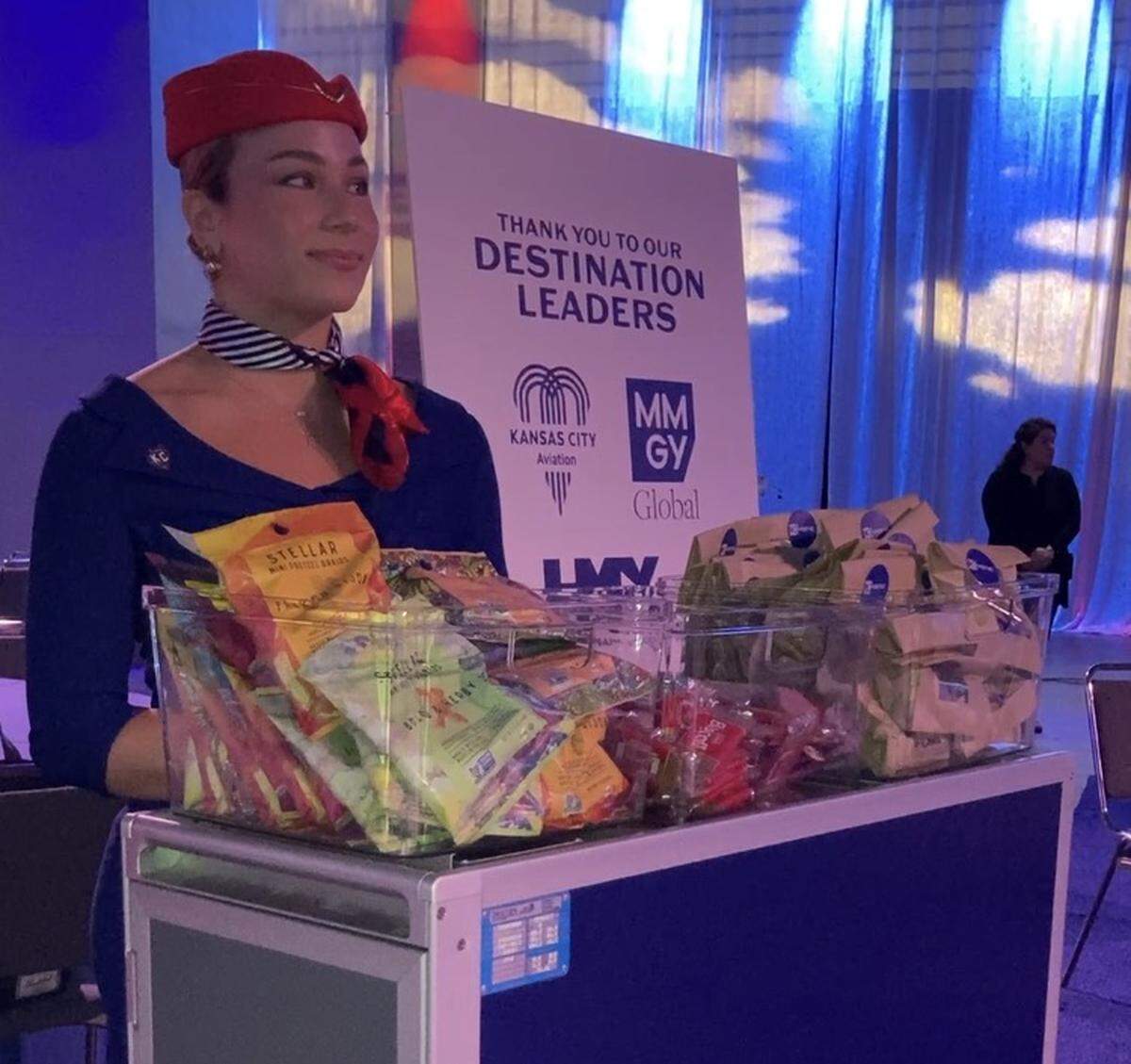 Snacks sold from an airline cart at Visit KC’s annual event, held Thursday, May 7, at Municipal Auditorium, with an airline theme, “Arriving on Center Stage” in reference to global visitors soon to arrive in Kansas City for the 2026 FIFA World Cup.