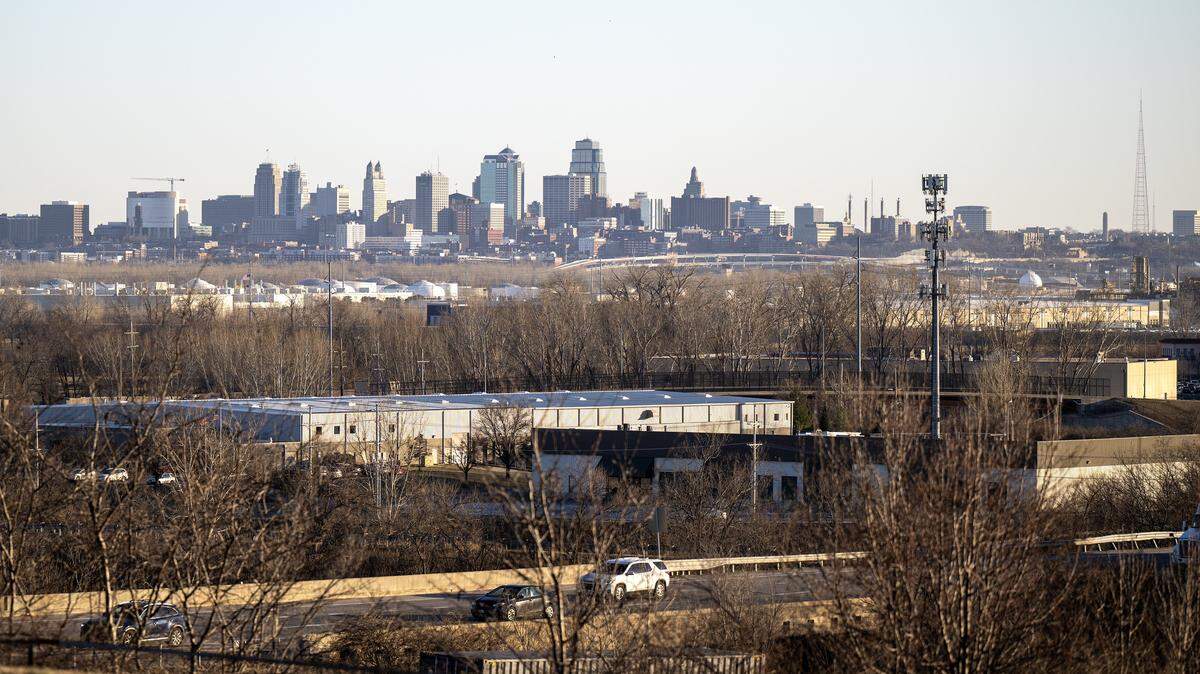 The Kansas City skyline is visible from Park Hill South High School on Wednesday, Jan. 21, 2026, in Riverside.