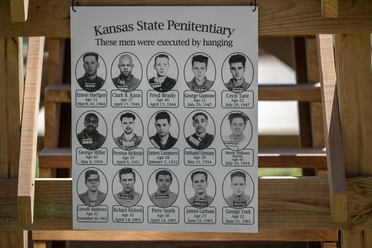 A sign attached to a reproduction of the gallows which were used at the former Kansas State Penitentiary from 1944 to 1965, shows the 15 KSP inmates who died by hanging.