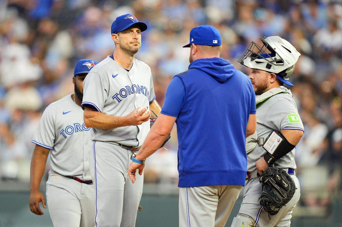 Toronto Blue Jays starter Max Scherzer couldn’t get out of the first inning against the Royals on Friday, Sept. 19, 2025, as KC tagged the former Missouri Tigers pitcher for seven opening-frame runs at Kauffman Stadium in Kansas City.