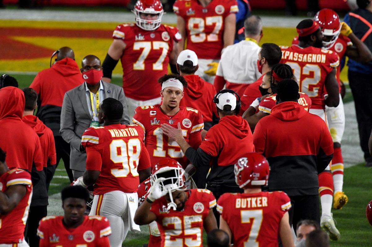 A member of the organization consoles Kansas City Chiefs quarterback Patrick Mahomes near the end of the fourth quarter of the Kansas City Chiefs game against the Tampa Bay Buccaneers in Super Bowl LV at Raymond James Stadium in Tampa, Sunday, Feb. 7, 2021. The Buccaneers defeated the Chiefs 31-9.