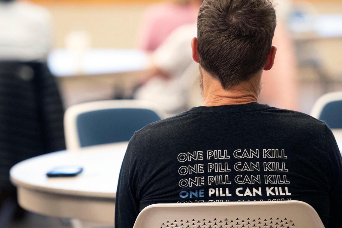 An audience member at a recent substance abuse forum for parents in the Blue Valley school district wore a shirt with the name of the U.S. Drug Enforcement Administration’s fentanyl awareness campaign: One Pill Can Kill.