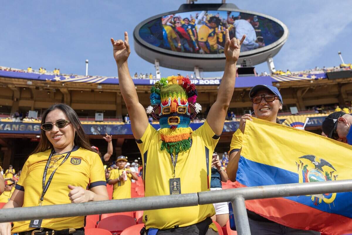 Ecuador fans cheer on their team during warmups before their game against Curaçao during FIFA World Cup group-stage soccer match at Kansas City (Arrowhead) Stadium in Kansas City on Saturday, June 20, 2026.