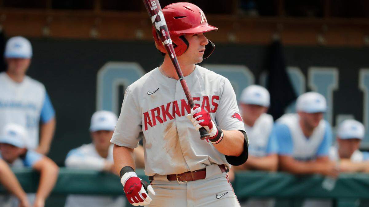 Arkansas’s Cayden Wallace (7) waits for a pitch against the North Carolina during the sixth inning of an NCAA college super regional baseball game in Chapel Hill, N.C., Saturday, June 11, 2022. (AP Photo/Karl B DeBlaker)