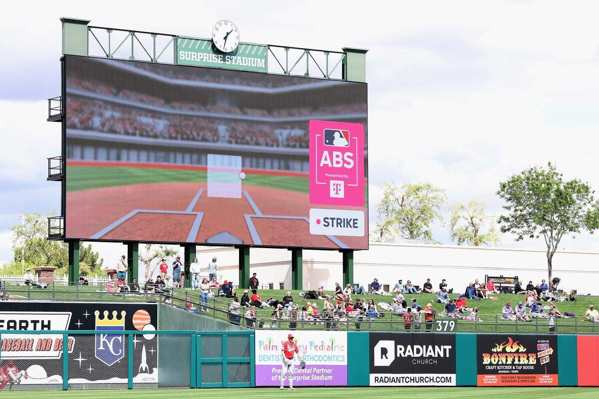 The video board displays the Automated Ball-Strike (ABS) system on a challenge in the second inning of the MLB game at Surprise Stadium on March 12, 2025 in Surprise, Arizona.