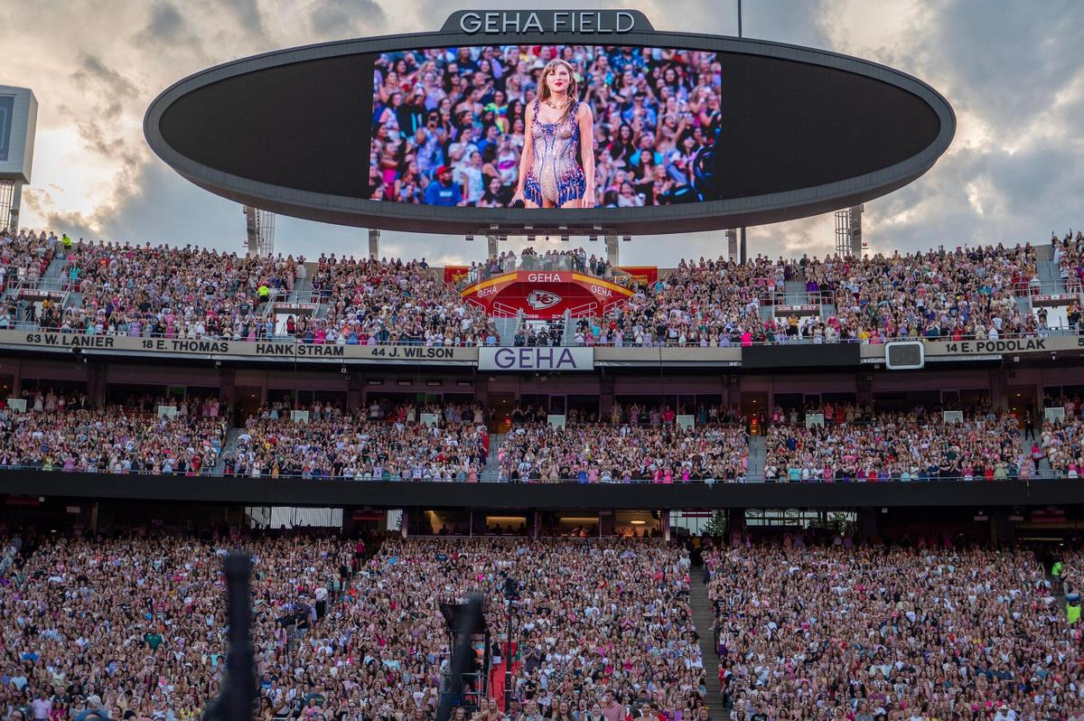 A sea of fans watch Taylor Swift perform the song “Cruel Summer” during her Eras Tour stop at GEHA Field at Arrowhead Stadium on Friday, July 7, 2023, in Kansas City.