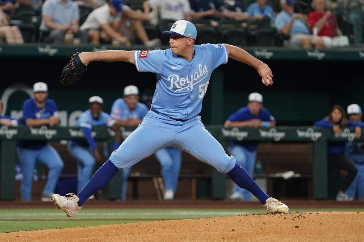 Kansas City Royals pitcher Kris Bubic throws against the Rangers during a June 18, 2025 game at Globe Life Field in Arlington, Texas.