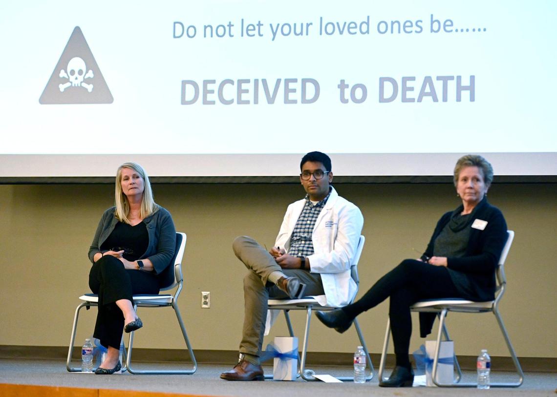 Libby Davis, left, whose son Cooper died from fentanyl, spoke at a parents forum on substance abuse at the Blue Valley school district’s Hilltop Learning Center. Other speakers included Dr. Anik Patel, center, of Children’s Mercy, and Michelle Irwin, director of community outreach at First Call, which works to prevent alcohol and drug abuse.