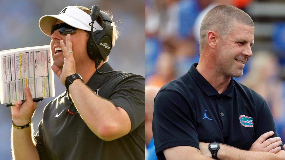 It’s another coaching showdown between old chums Saturday when MU coach Eli Drinkwitz, left, leads his Mizzou Tigers into a game at Florida and a Gators squad coached by Billy Napier.