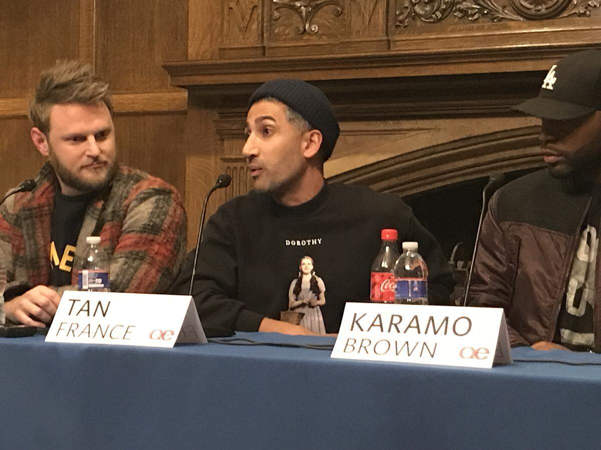 Fashion expert Tan France wore a sweatshirt with Dorothy from “Wizard of Oz” on it for the Nov. 14 book promotion event at Kansas City Library-Central Branch.