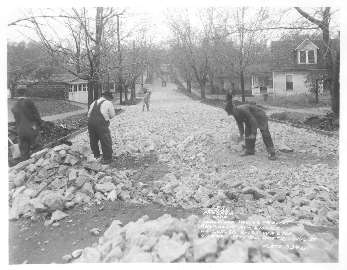 WPA road paving crew at work in Independence, Missouri, near the intersection of Chrysler Avenue and Maple.