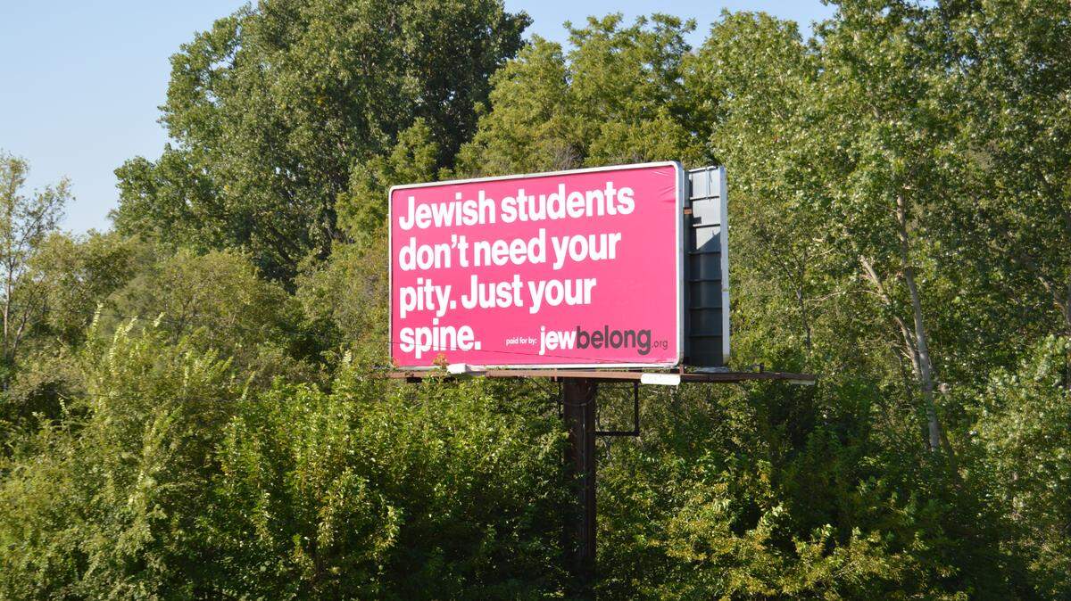 The nonprofit JewBelong organization has placed two billboards on I-70 near Lawrence to call attention to antisemitic activity on college campuses across the country. It has installed similar billboards near about 20 major universities.