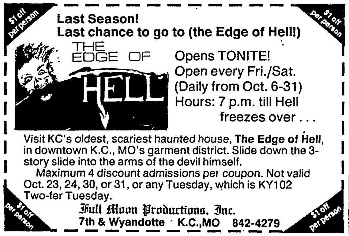 A 1987 advertisement in The Star for The Edge of Hell.
