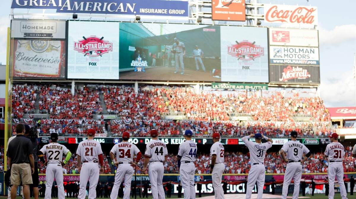 Players line up before the MLB All-Star baseball game, Tuesday, July 14, 2015, in Cincinnati. (AP Photo/Jeff Roberson)