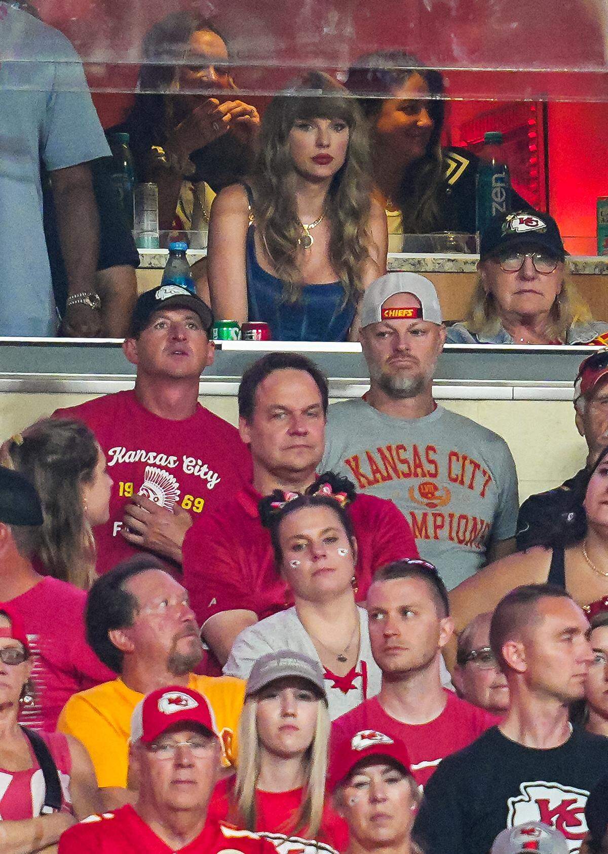 Superstar singer Taylor Swift watches the action during the second half between the Baltimore Ravens and the Kansas City Chiefs at GEHA Field at Arrowhead Stadium.