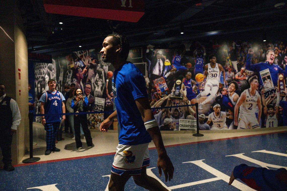 Kansas Jayhawks guard Darryn Peterson (22) comes out of the locker room before the second half vs. the Utah Utes on Saturday, February 7, 2026, at Allen Fieldhouse.
