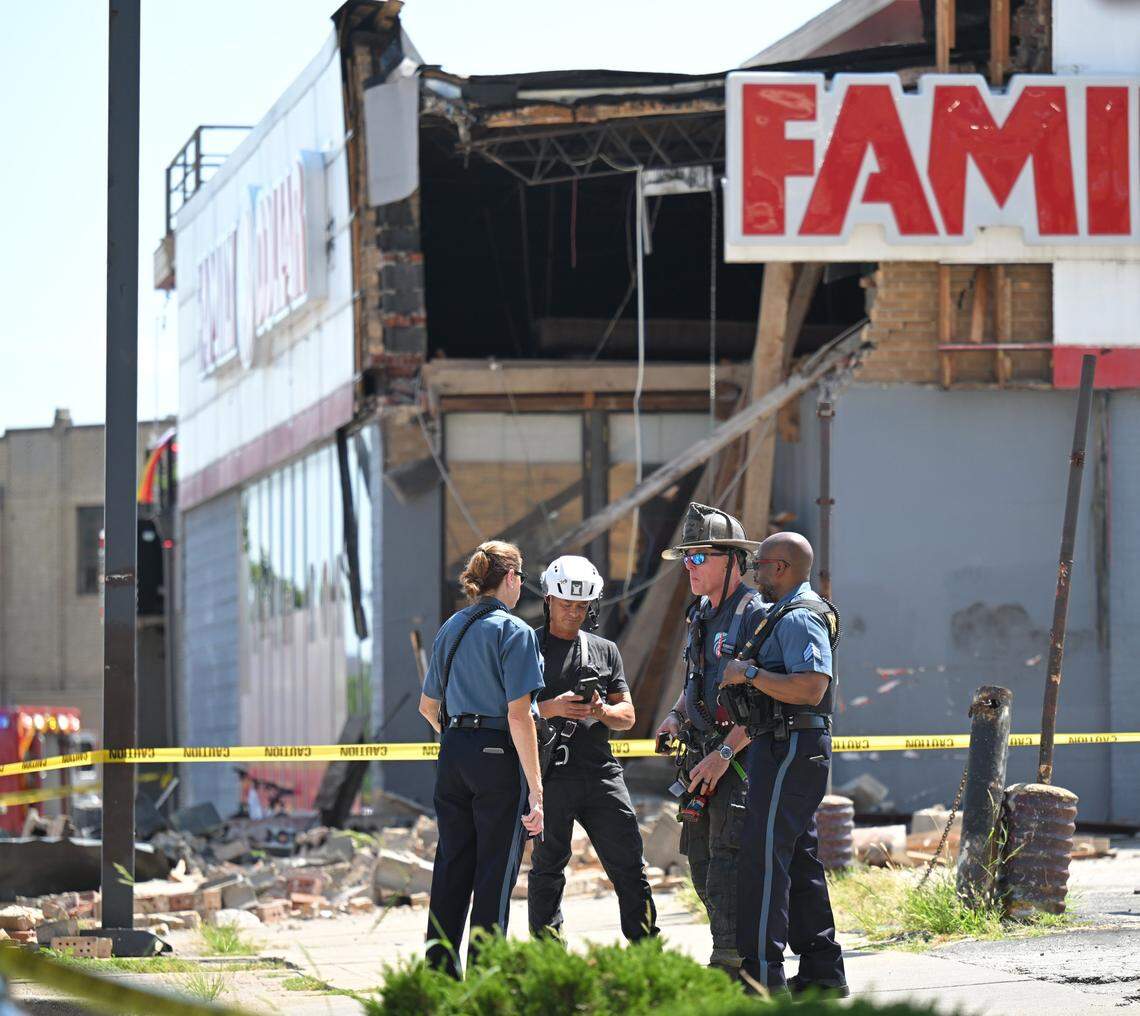 Police and KCFD were at the scene of a Family Dollar store in the 3700 block of Broadway after a portion of it collapsed Sunday, July 27, 2025. According to a KCFD spokesperson, one person was killed in the collapse and three others were injured, one with severe injures.