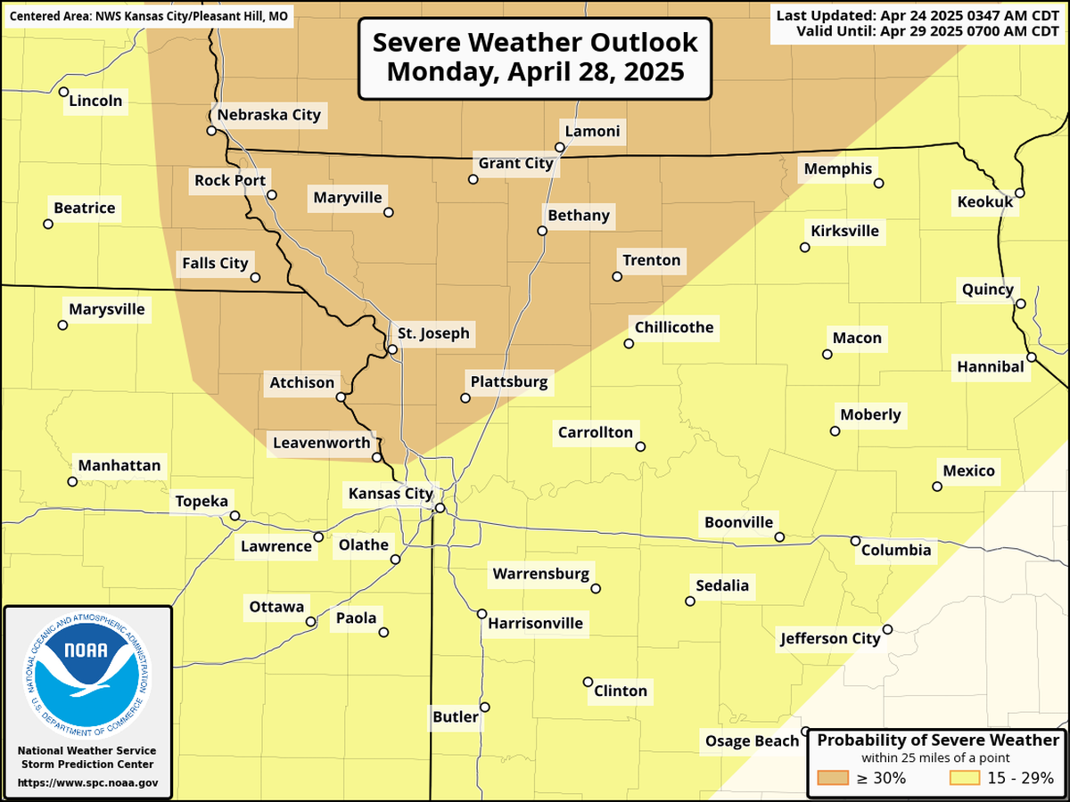 A new weather system is expected to bring strong or severe thunderstorms to the Kansas city area, with all modes of severe weather possible, according ot the National Weather Service. The Storm Prediction Center has upgraded Kansas City’s the severe weather risk from 15% to 30% for Monday.