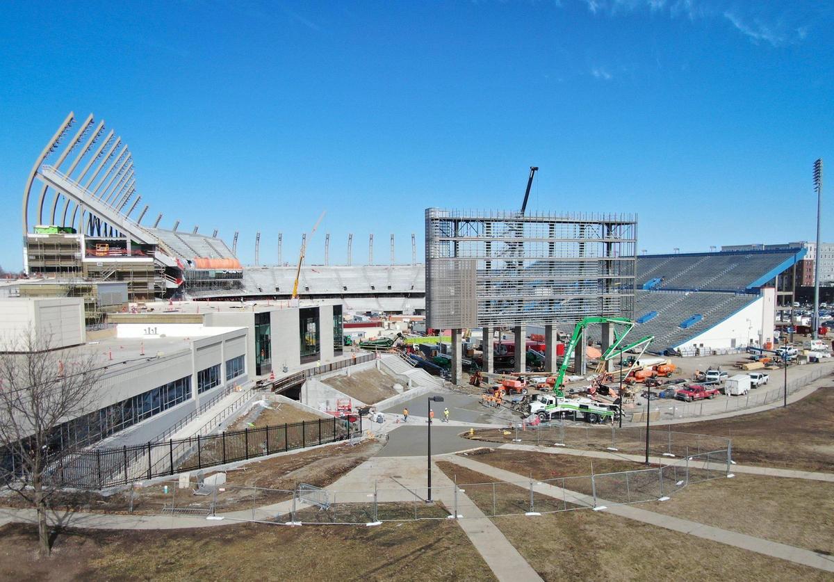 As part of a $450 improvement project, renovations are ongoing at David Booth Kansas Memorial Stadium on Wednesday, Feb. 26, 2025, at the University of Kansas in Lawrence. The scoreboard, seen here at the south end of the stadium, is two-and-a-half times larger than the previous scoreboard and is approximately 60 feet closer to the field.