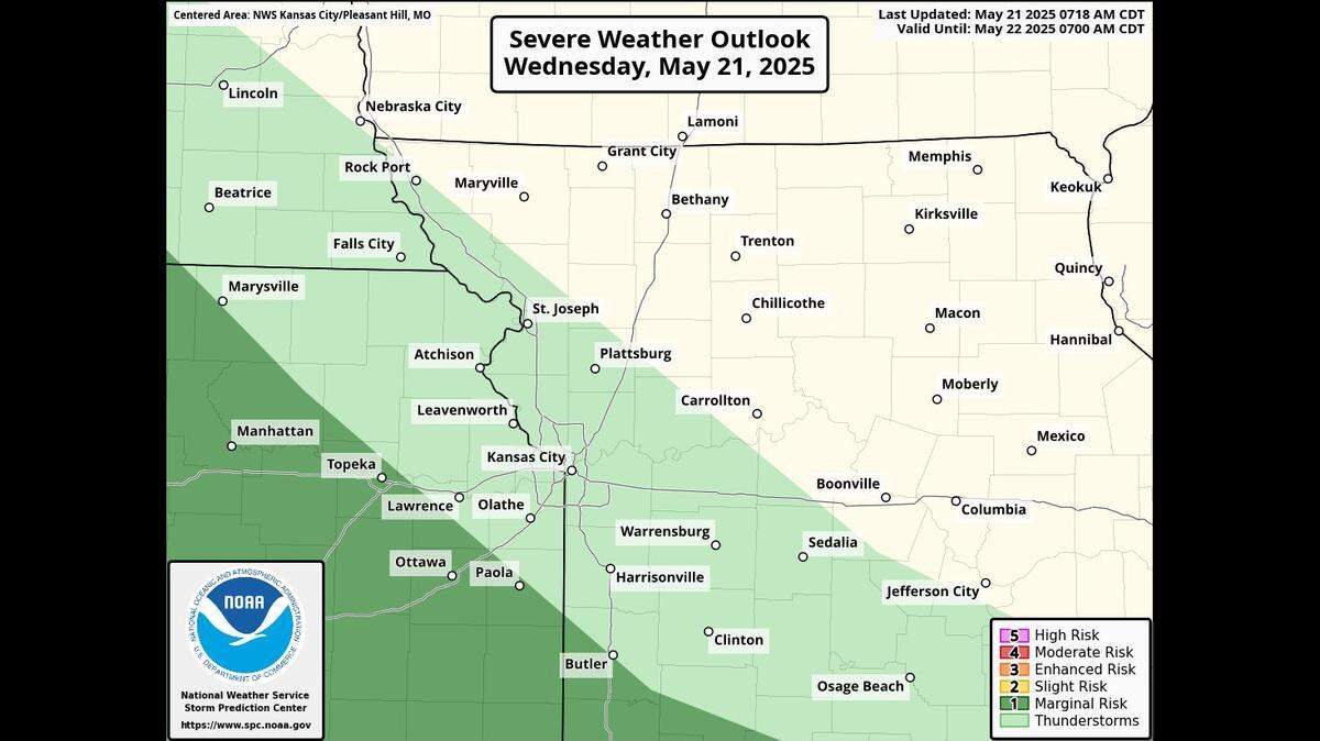 There is a chance for some rain showers and thunderstorms on Wednesday evening, primarily along the Kansas and Missouri state line, the National Weather Service said. The chance of severe weather is low, but there might be some small hail. Areas to the west and south of the metro are at a greater risk of seeing severe weather. 