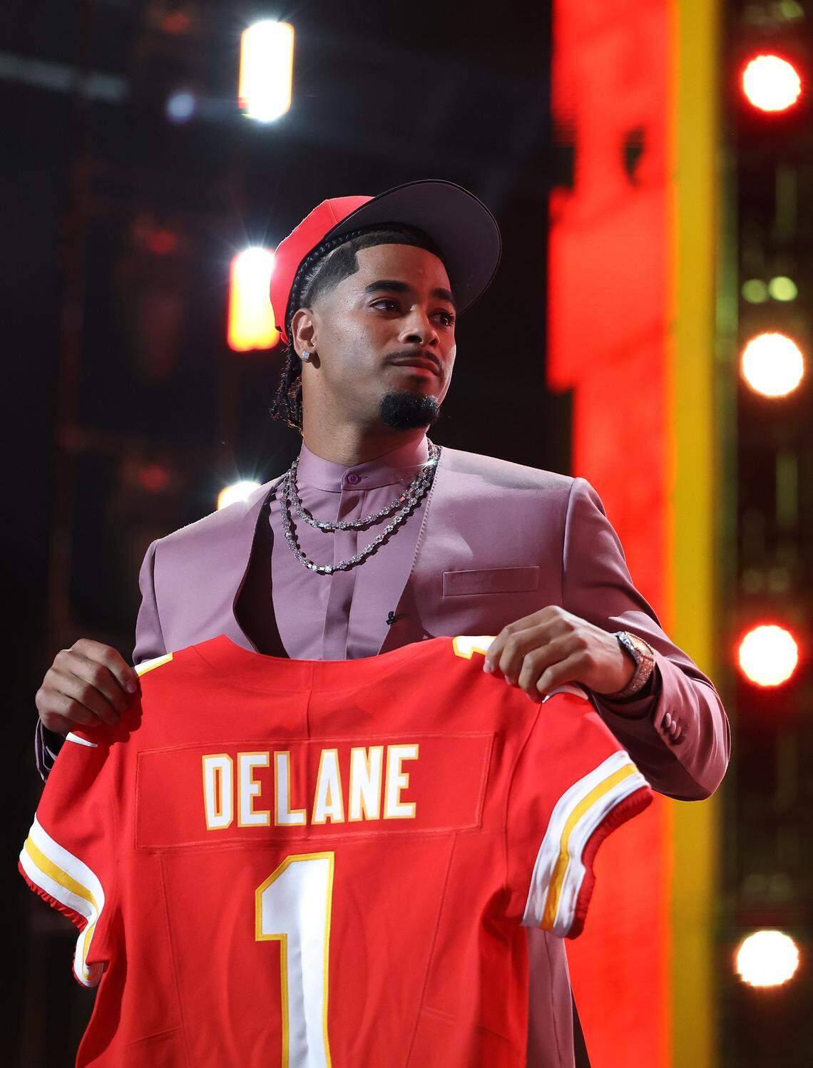 Cornerback Mansoor Delane celebrates after being selected sixth overall by the Kansas City Chiefs during the first round of the 2026 NFL Draft at Acrisure Stadium in Pittsburgh on Thursday, April 23, 2026. Delane played at LSU last season.