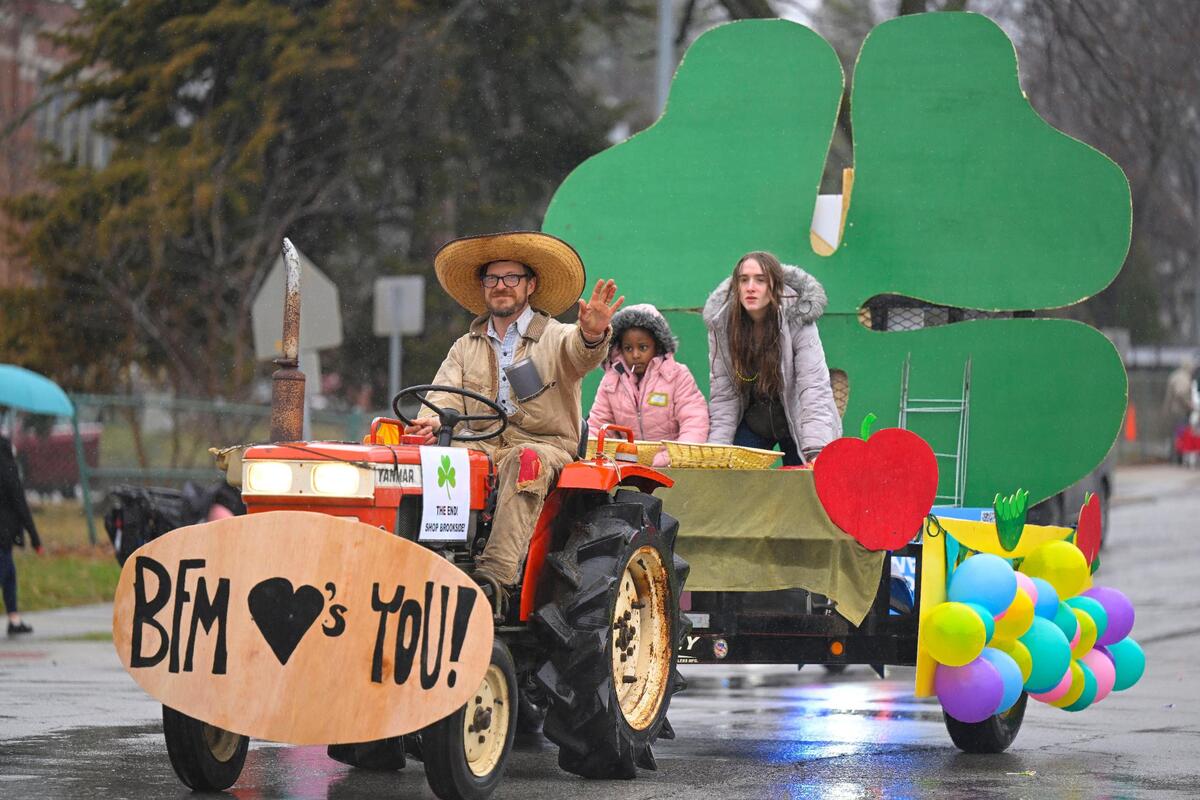 The Brookside Farmers Market float drove in the 2023 Brookside St. Patrick’s Day Warm-Up Parade on Saturday March 11, 2023 in Kansas City.