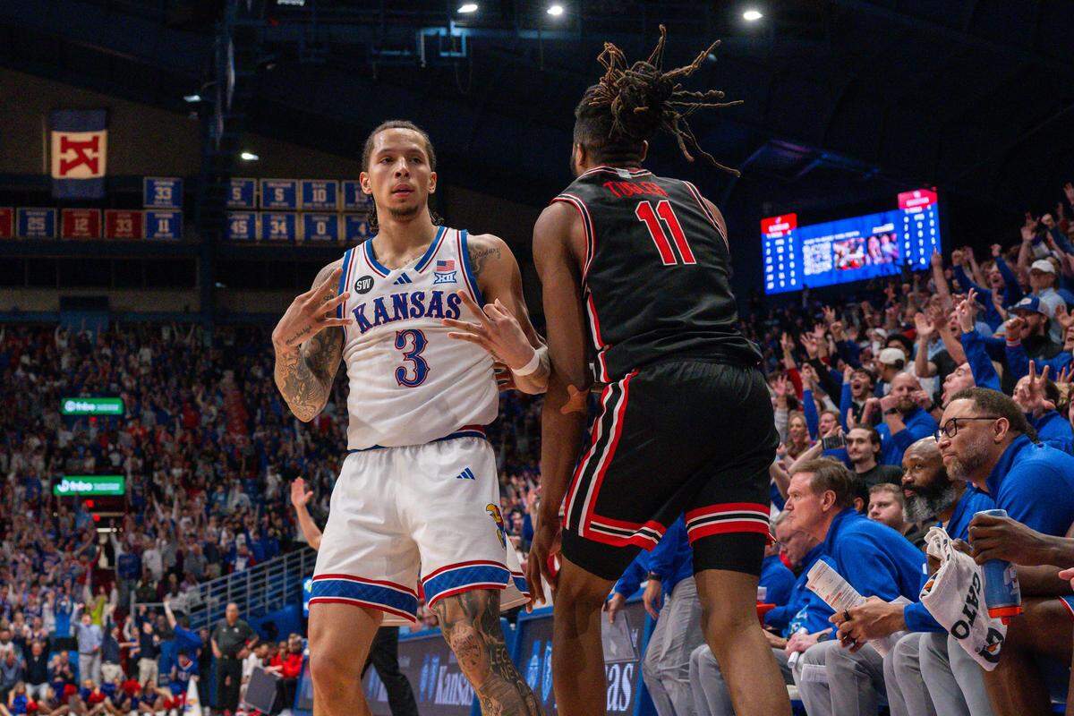 Kansas Jayhawks guard Tre White (3) celebrates after making a 3-pointer in the second half vs. the Houston Cougars on Monday, February 23, 2026, at Allen Fieldhouse.