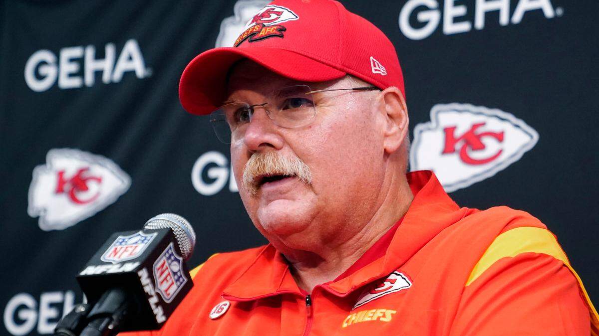 Kansas City Chiefs head coach Andy Reid talks at a news conference after an NFL football game against the Arizona Cardinals in Glendale, Ariz., Sunday, Sept. 11, 2022. The Chiefs won 44-21. (AP Photo/Ross D. Franklin)