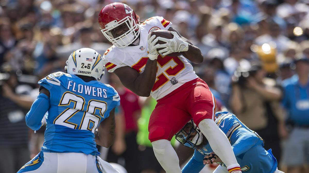Kansas City Chiefs running back Jamaal Charles (25) broke the team's all-time rushing record with a second quarter touchdown run against the San Diego Chargers at Qualcomm Stadium in San Diego, CA on October 19, 2014.