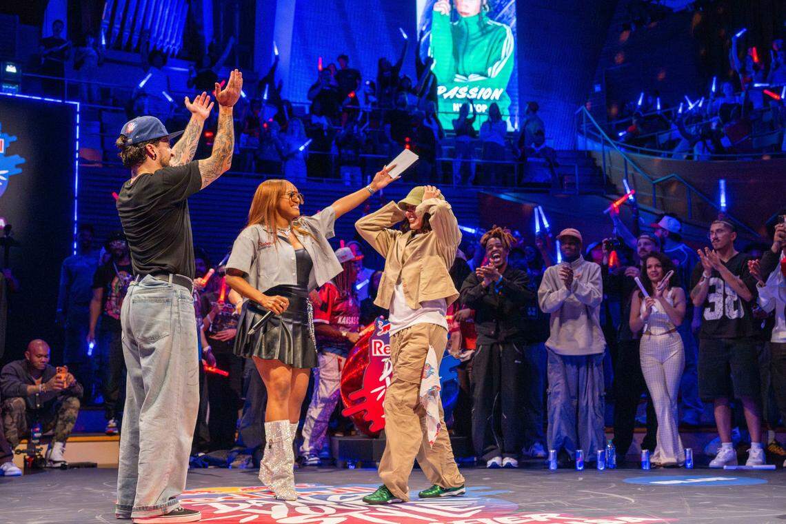 “Passion” reacts to winning the final battle of the Red Bull Dance Your Style Midwest Regional Qualifier, on Saturday, April 25, 2026, at the Kauffman Center for the Performing Arts.