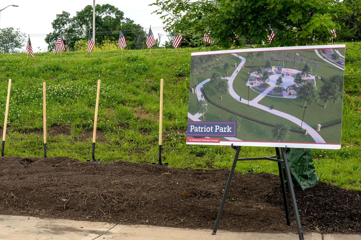 A rendering of Patriot Park is displayed at St. Michael’s Veterans Center during a ceremonial groundbreaking on Friday, June 13, 2025, in Kansas City.