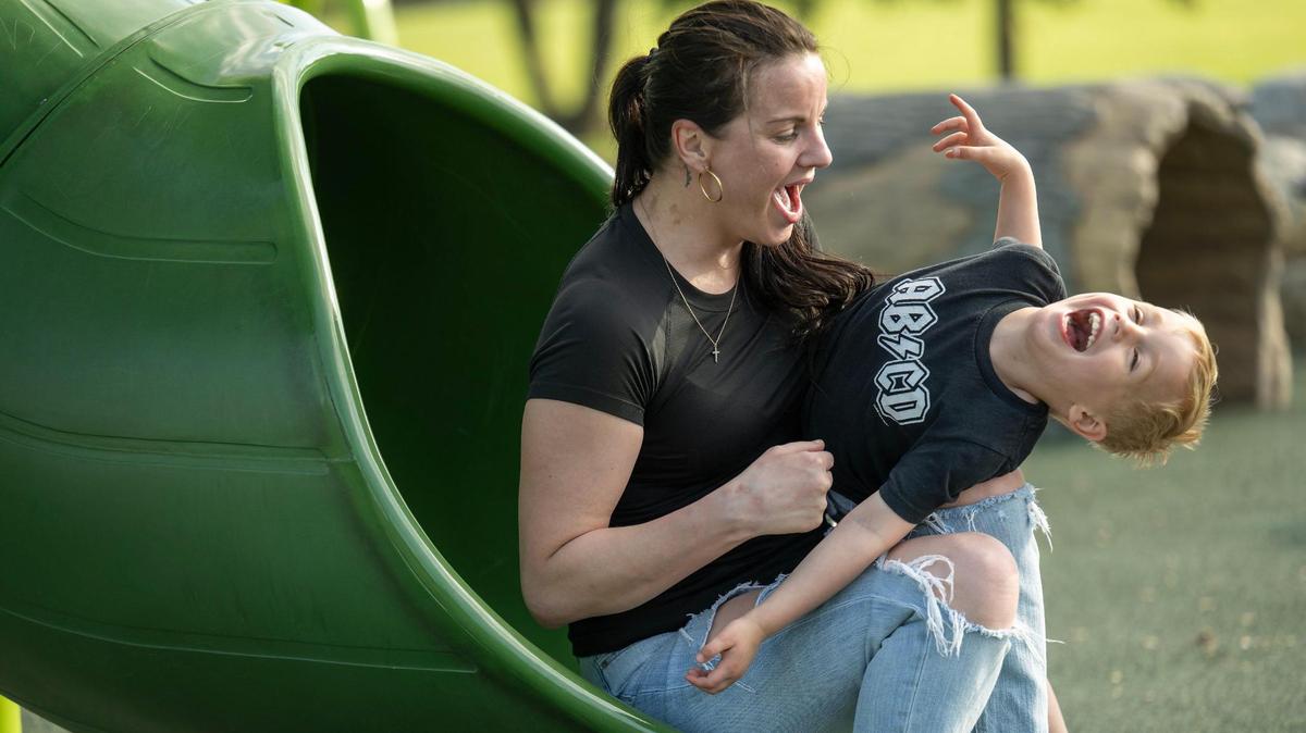 Jessica Alaga and her son, Kyrie, 4, enjoy time together at Raven Ridge Park on Thursday, April 18, 2025 in Olathe. Alaga spends a lot of time taking her son from their home in Spring Hill, Kansas to his child care center in Olathe.
