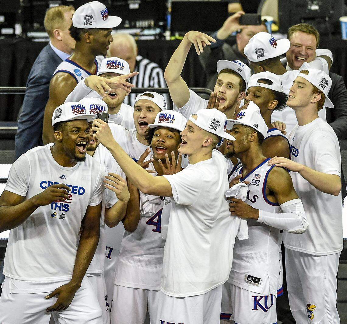 After winning their Elite Eight game last weekend, KU basketball players celebrated with new gear.