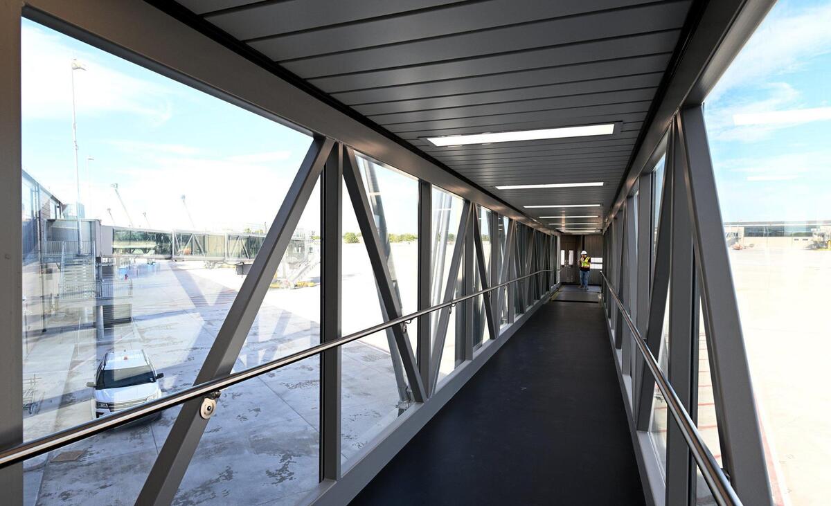 Construction on the new Kansas City International Airport continues and is about 90 percent complete. The airport is slated to open in March of 2023 and feature 39 gates. Above is one of the jetways that will give passengers a more open air view as they board their flight.