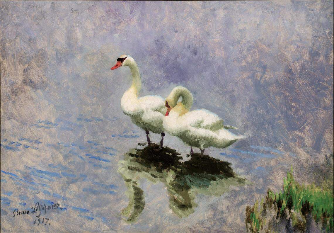 Bruno Liljefors (Swedish, 1860–1939).&nbsp;Swans, 1917 from the “Survival of the Fittest” exhibition at the Nelson-Atkins Museum of Art.