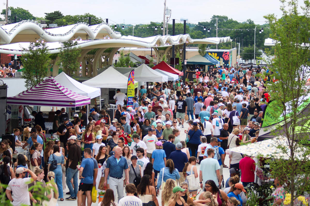 Crowds gather at the new Overland Park Farmer’s Market Clock Tower Landing on June 6, 2026.