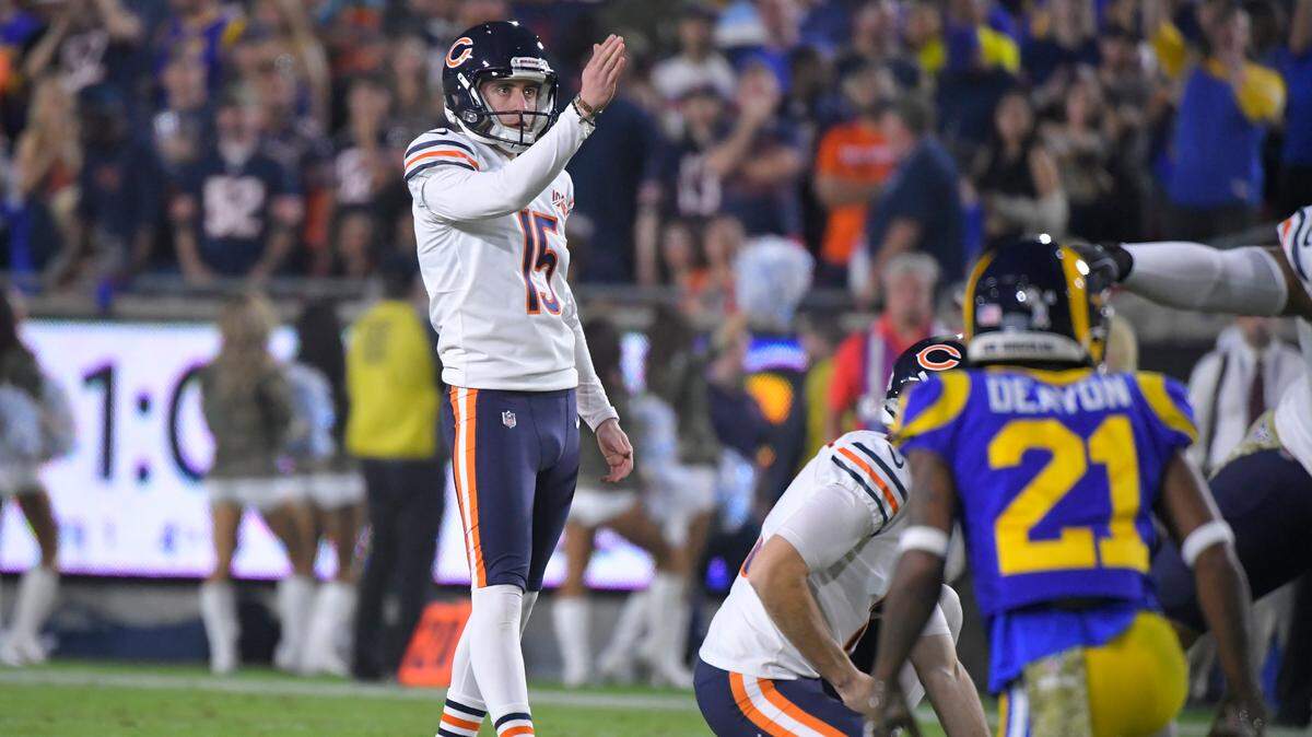Chicago Bears kicker Eddy Pineiro lines up a kick against the Los Angeles Rams during the first half of a game on Sunday, Nov. 17, 2019, in Los Angeles. The Panthers have signed Pineiro to a one-year deal to plug a hole created when starter Zane Gonzalez went down with an injury during the preseason. (AP Photo/Mark J. Terrill)