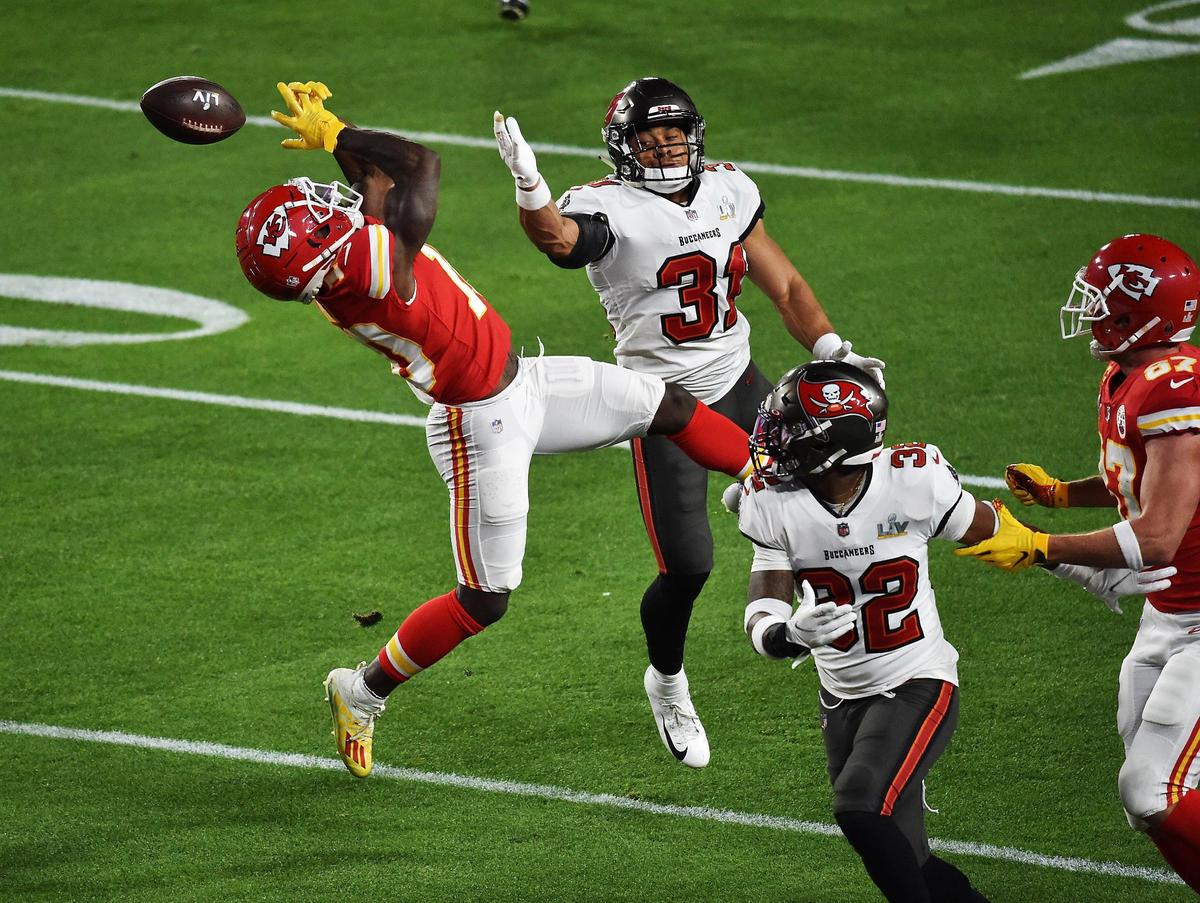 Tampa Bay Buccaneers strong safety Antoine Winfield Jr. breaks up a pass near the end zone intended for Kansas City Chiefs wide receiver Tyreek Hill during the first quarter Sunday, February 7, 2021, at Super Bowl LV at Raymond James Stadium in Tampa, Florida.
