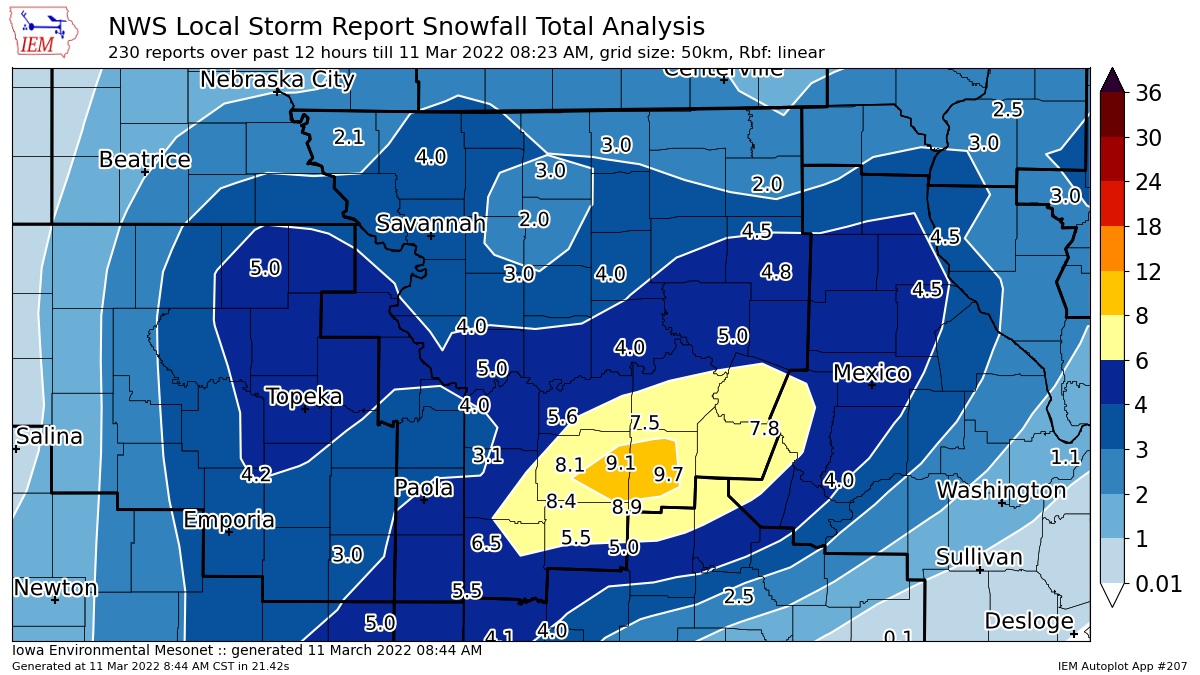 Between 3 and 6 inches of snow fell across much of the Kansas City area from the latest winter storm that passed through the area on Thursday and early Friday, according to preliminary numbers reported to the National Weather Service. This map is using early reports and could change as more snow totals are reported.