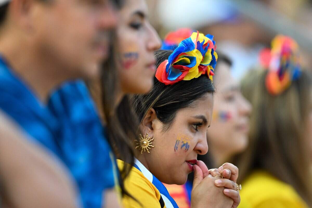 An Ecuador fan appears worried in the stands during the second half of the Ecuador vs. Curaçao FIFA World Cup group-stage soccer match at Kansas City (Arrowhead) Stadium in Kansas City on Saturday, June 20, 2026.