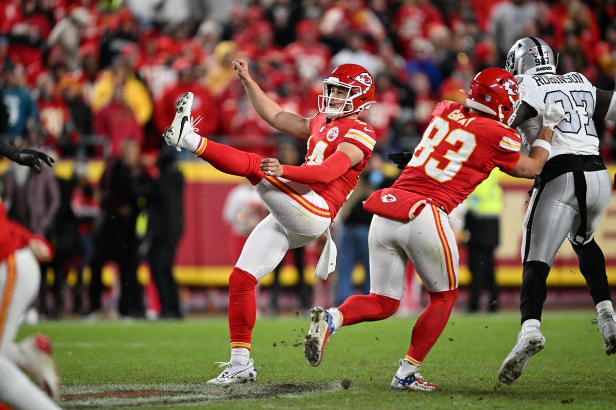 Kansas City Chiefs kicker Matthew Wright kicks a field goal in the second half against the Las Vegas Raiders on Friday, Nov. 29, 2024, at GEHA Field at Arrowhead Stadium.