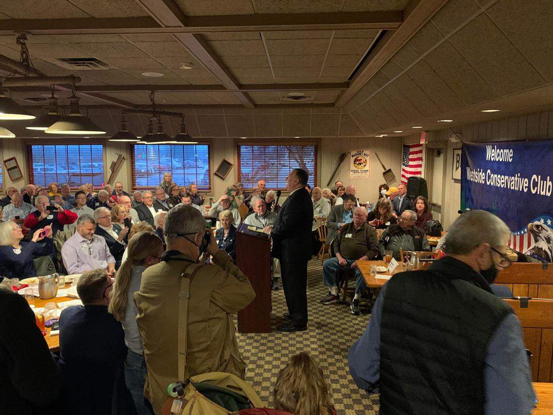 Former Secretary of State Mike Pompeo speaks to the Westside Conservative Club in suburban Des Moines on March 26, 2021.
