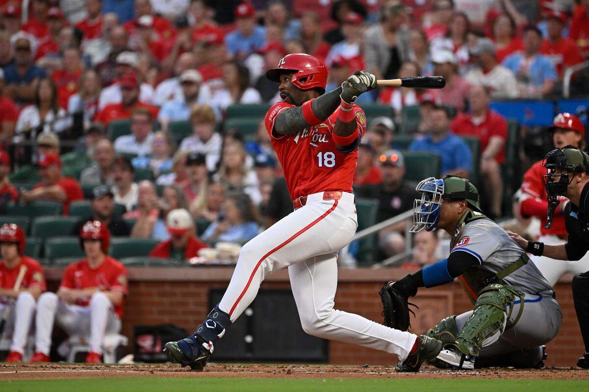 Cardinals right fielder Jordan Walker singles against the Kansas City Royals during a series opener at Busch Stadium in St. Louis on Friday, May 15, 2026.