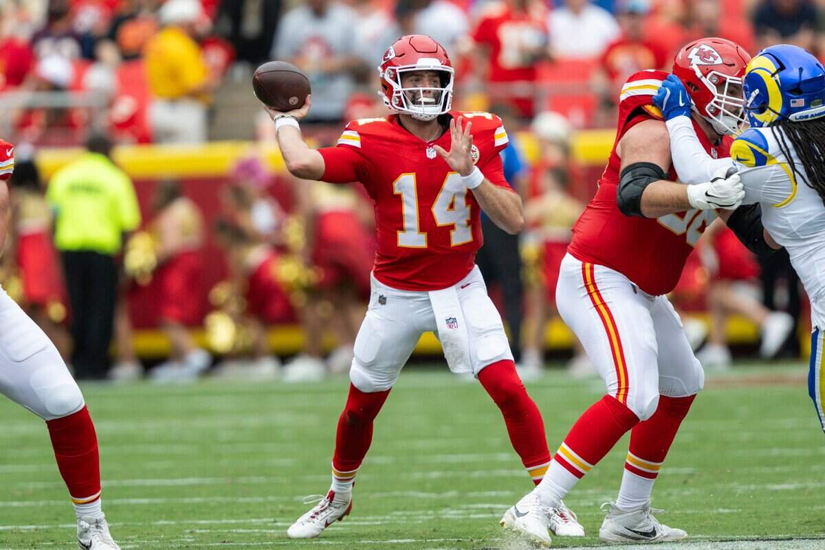 Kansas City Chiefs quarterback Garrett Nussmeier (14) throws a pass in the first half of the Chiefs preseason game against the Los Angeles Rams, on Saturday, August 15, 2026, at Arrowhead Stadium.